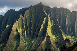Aerial view of West Maui mountains at sunset