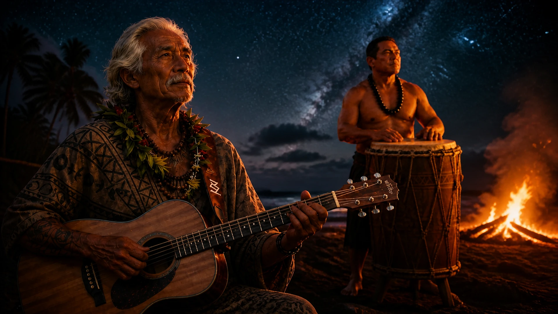 Full body turnaround reference of ʻAukai holding an acoustic guitar.