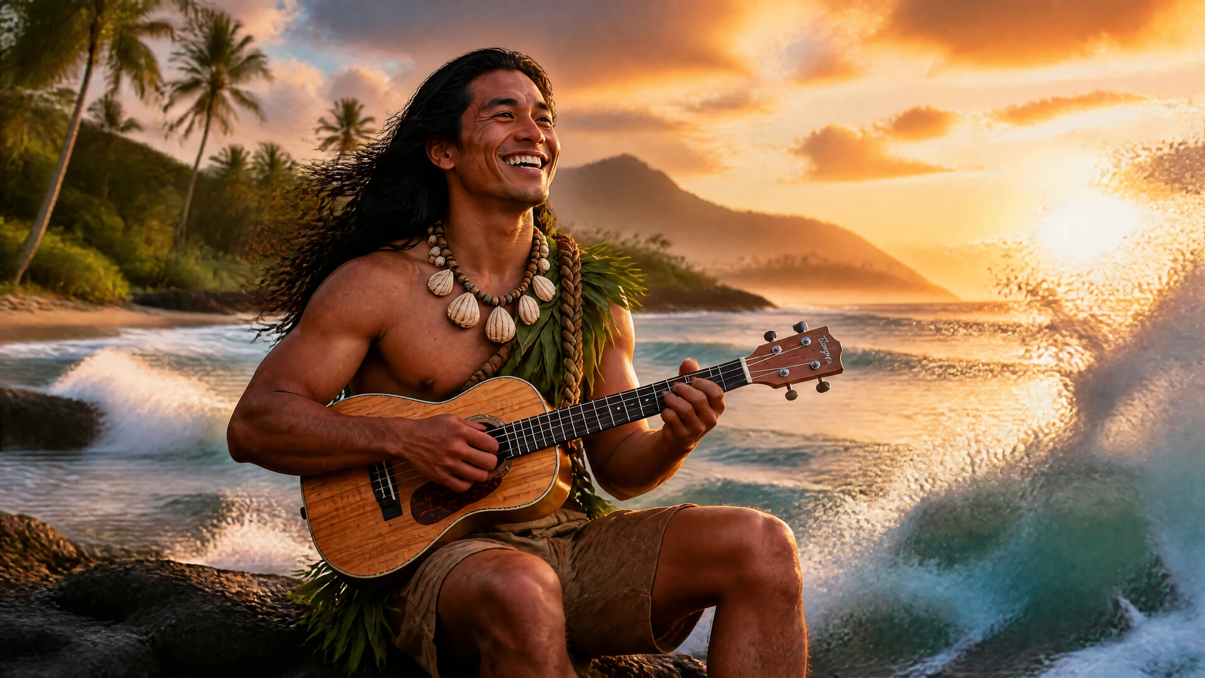 Kaimana playing ʻukulele by the ocean at sunset.