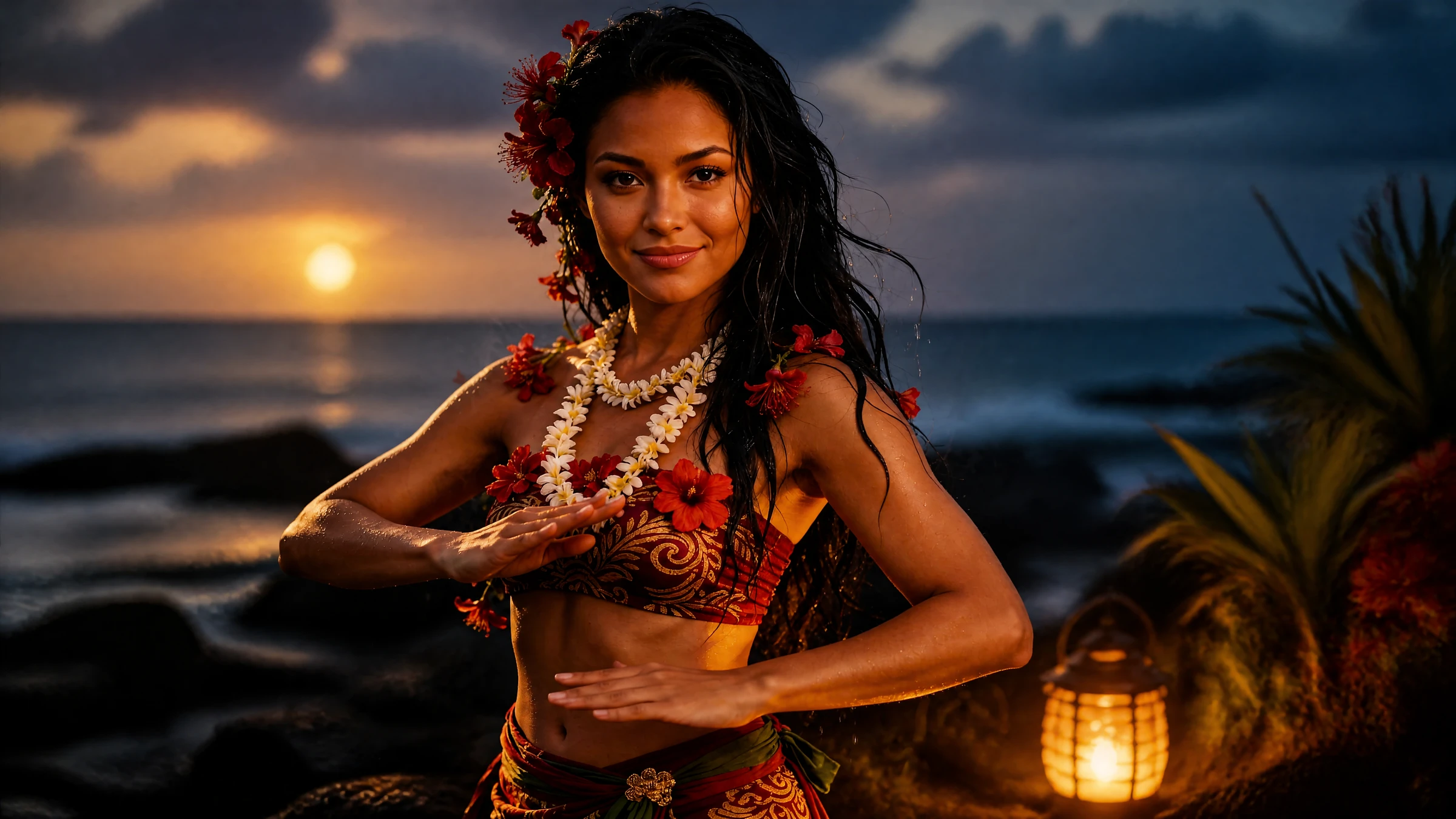 Lehua dancing at the shoreline at sunset.