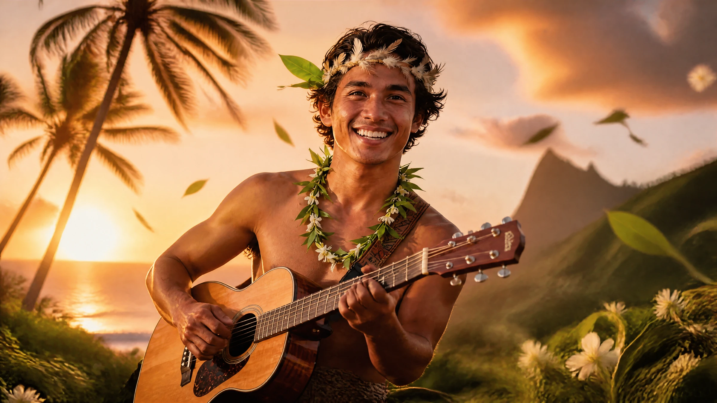 Makani smiling with guitar at sunset.