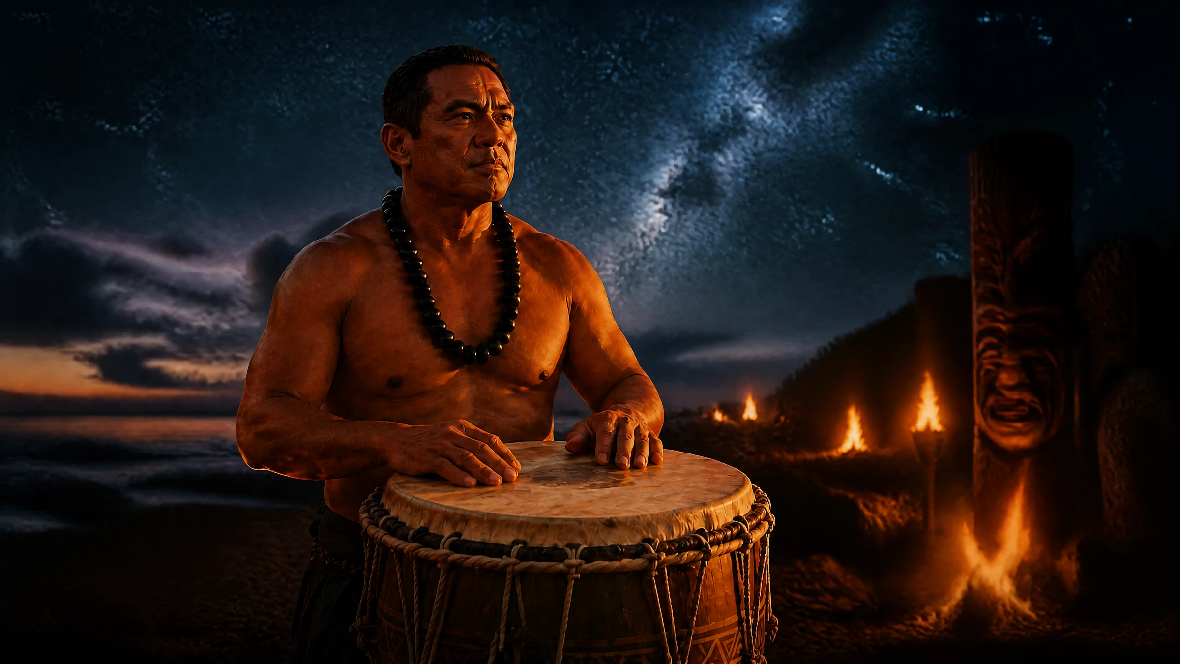 Makua Nui kneeling in a forest with soil held in his hands.