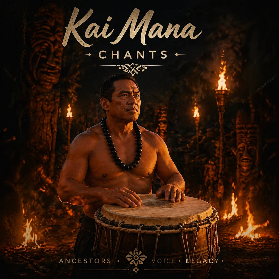 Makua Nui playing a traditional Hawaiian pahu drum on a beach at night lit by fiery tiki torches, Chants album cover.